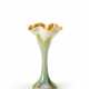 Vase with body in the shape of a bulbiform flower, in white and yellow iridescent glass paste, with green and orange leaves decoration - photo 1