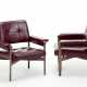 Pair of armchairs covered in amaranth-colored vinyl leather, solid wood structure with cross structure under the seat - фото 1