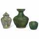 A CHINESE GREEN-GLAZED POTTERY HU VASE, A CHINESE FAMILLE VERTE ON-BISCUIT VASE AND COVER, AND A CHINESE APPLE GREEN-GLAZED JAR - photo 1