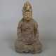 Guanyin-Figur-- geschnitzte Holzskulptur einer Guanyin mit Almosenschale, den hohen Haarknoten schmückt ein imposantes Diadem mit Darstellung des Buddha Amitabha, längliche Aushöhlung im Rücken, farbige Fassung berieben, H. ca.36 cm, China - фото 1