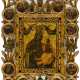 A LARGE GREEK ICON WITH OPENWORK CARVINGS AND WOODEN MEDAILLONS SHOWING THE MOTHER OF GOD PORTAITISSA AND 12 CHURCH FEASTS - Foto 1