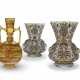 A PAIR OF BROCARD ENAMELED GLASS MOSQUE LAMPS AND AN AMBER GLASS VASE - photo 1
