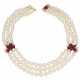 THREE-STRAND CULTURED PEARL, RUBY AND DIAMOND NECKLACE - фото 1