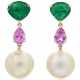 NO RESERVE | NATURAL PEARL, EMERALD AND PINK SAPPHIRE EARRINGS - фото 1