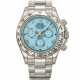 ROLEX. A RARE AND ATTRACTIVE 18K WHITE GOLD AUTOMATIC CHRONOGRAPH WRISTWATCH WITH TURQUOISE DIAL, GUARANTEE AND BOX - фото 1
