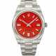 ROLEX. AN ATTRACTIVE STAINLESS STEEL AUTOMATIC WRISTWATCH WITH SWEEP CENTRE SECONDS, BRACELET, CORAL RED DIAL, GUARANTEE AND BOX - Foto 1