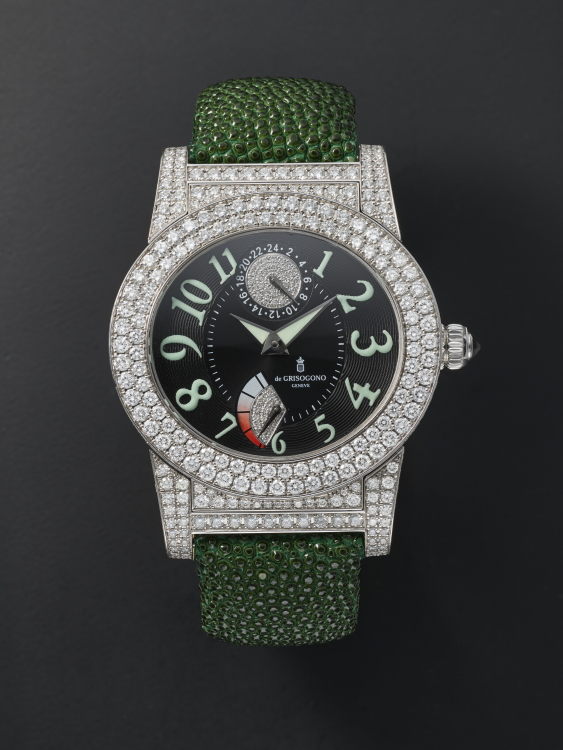 DE GRISOGONO, WHITE GOLD AND DIAMONDS DUAL TIME 