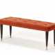 Bench with turned solid wood legs, brass tips, padded seat covered in red microfiber. Italy, 1940s/1950s. (121x45x43 cm.) (slight defects) - photo 1