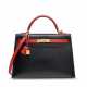 A BLACK CALF BOX LEATHER & ROUGE VIF OSTRICH SELLIER KELLY 32 WITH GOLD HARDWARE - photo 1