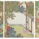 IN THE STYLE OF QIU YING, PAVILION SCENES, THREE FRAMED AND GLAZED ALBUM LEAVES, INK AND COLOUR ON PAPER - Foto 1