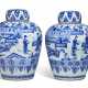 A PAIR OF BLUE AND WHITE OVOID JARS AND COVERS - фото 1