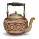 A GILT-METAL AND EBONIZED-WOOD MOUNTED SEVRES PORCELAIN PERSIMMON-GROUND TEA KETTLE AND COVER (THIERE 'BOUILLOTTE' ET SON COUVERCLE) - фото 1
