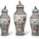 A MASSIVE SAMSON PORCELAIN GARNITURE OF THREE CHINESE EXPORT STYLE SOLDIER VASES AND COVERS - photo 1
