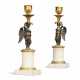 A PAIR OF SWEDISH ORMOLU, PATINATED-BRONZE AND WHITE MARBLE FIGURAL CANDLESTICKS - фото 1