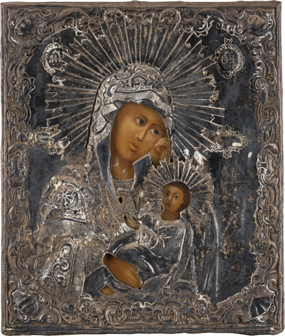 IKONE MIT DER GOTTESMUTTER 'LINDERE MEINEN KUMMER' MIT OKLAD