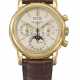 PATEK PHILIPPE. A RARE AND ATTRACTIVE 18K GOLD PERPETUAL CALENDAR CHRONOGRAPH WRISTWATCH WITH MOON PHASES, 24 HOUR INDICATION, LEAP YEAR INDICATION, CERTIFICATE OF ORIGIN AND BOX - фото 1