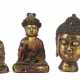3 sitzende Buddhastatuen und 1 Buddha Kopf Metallguss/farbig gefasst - photo 1