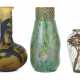 Konvolut 3 Vasen Bestehend aus einer merlierten Milchglasvase mit Baumdarstellung als Bronzefassung - Foto 1