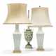A PAIR OF CHINESE CLAIR-DE-LUNE PORCELAIN LAMPS AND A WEDGWOOD JASPERWARE LAMP - фото 1