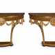 A PAIR OF GEORGE III GILT-BRASS MOUNTED HAREWOOD, SATINWOOD, AMARANTH, FRUITWOOD MARQUETRY, PAINTED AND GILTWOOD DEMI-LUNE CONSOLE TABLES - фото 1