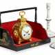 A FRENCH ORMOLU PENDULE D`OFFICIER, A VICTORIAN JAPANNED BOOK CARRIER AND A PAIR OF BILSTON ENAMEL CANDLESTICKS - Foto 1