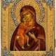 RUSSIAN ICON WITH GILDED OKLAD AND CLOISONNE-ENAMEL SHOWING THE MOTHER OF GOD FEODOROVSKAYA - Foto 1