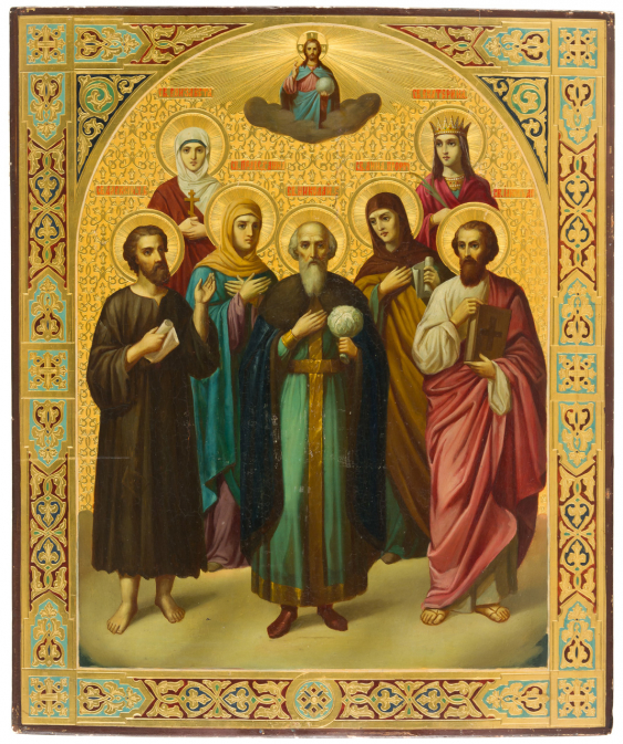 LARGE RUSSIAN GOLD GROUND ICON SHOWING SELECTED SAINTS — catalog Ikonen