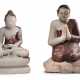 Figur des Buddha Shakyamuni und Adorant aus Alabaster teils mit rotbrauner und goldfarbener Lackfassung - photo 1