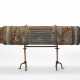 Casket of cylindrical shape composed of a central opening sector in grooved wood and two lateral sectors covered in brocade fabric - Foto 1