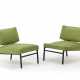 Pair of armchairs with black painted metal structure, upholstered and green fabric covered seat and back - фото 1