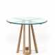 Table with circular crystal top, shaped light wood legs and brass connecting elements - фото 1