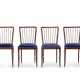 Four solid mahogany wood chairs with slatted back, upholstered and blue velvet covered seat - фото 1