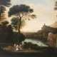 Ideale Landschaft mit Jagdgesellschaft der Diana. Französischer Landschaftsmaler in der Art des Claude Lorrain , tätig 2. Hälfte 18. Jahrhundert - Foto 1