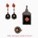 Onyx-coral-diamond set: earrings, ring and pendant - фото 1