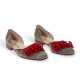 A pair of reptile skin and red silk embellished evening shoes - фото 1