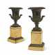 A PAIR OF PATINATED BRONZE URNS - фото 1