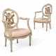 A NEAR PAIR OF NORTH EUROPEAN GRAY-PAINTED AND PARCEL-GILT FAUTEUILS - фото 1