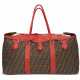 A RED LEATHER & BROWN MONOGRAM CANVAS OVERSIZED TRAVEL BAG WITH SILVER HARDWARE - фото 1