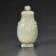 A SMALL CARVED MUGHAL-STYLE GREENISH-WHITE JADE VASE AND COVER - фото 1