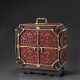 A RARE GILT-METAL-MOUNTED CARVED RED LACQUER `TREASURE CHEST` ON STAND - фото 1
