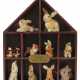 Diorama mit 9 Hasen und 2 Wollminis Steiff, Holzschaukasten in Form eines Hauses mit 10 offenen Fächern - Foto 1