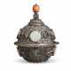 A JADE, CORAL AND HARDSTONE INLAID SILVER BUTTER LAMP AND COVER - photo 1