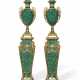 A LARGE PAIR OF ORMOLU AND MALACHITE-VENEERED VASES, ON LOUIS XV STYLE PEDESTALS - фото 1