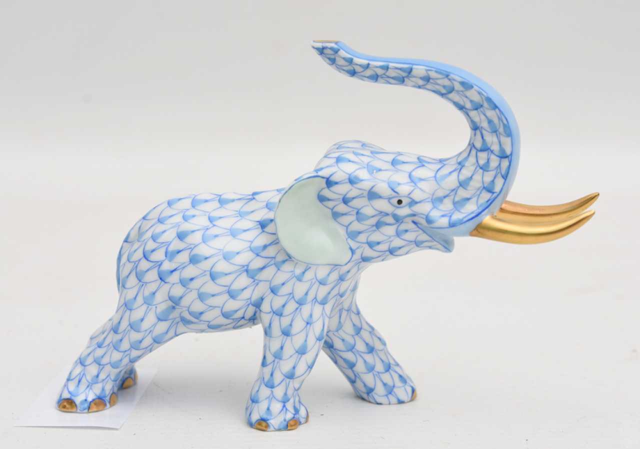 Auction HEREND PORCELAIN ELEPHANT 2, glazed gold staffiertes porcelain