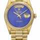 ROLEX. A RARE AND ATTRACTIVE 18K GOLD AUTOMATIC WRISTWATCH WITH SWEEP CENTRE SECONDS, DAY, DATE, LAPIS LAZULI DIAL AND BRACELET - photo 1