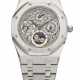 AUDEMARS PIGUET. A RARE AND HIGHLY ATTRACTIVE PLATINUM SKELETONIZED PERPETUAL CALENDAR AUTOMATIC WRISTWATCH WITH MOON PHASES, LEAP YEAR INDICATION AND BRACELET - фото 1