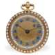 Taschenuhr: äußerst dekorative goldene Spindeluhr mit Perlenbesatz und blauen Emaillekartuschen, ca. 1800 - Foto 1