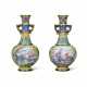 A PAIR OF SMALL PAINTED ENAMEL YELLOW-GROUND BOTTLE VASES - фото 1