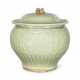 A LARGE MOULDED LONGQUAN CELADON JAR AND COVER - фото 1