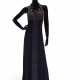 A NAVY BLUE GLITTER PONGEE SILK HALTER TOP EVENING DRESS WITH MULTI-COLORED RHINESTONE DETAILS - photo 1
